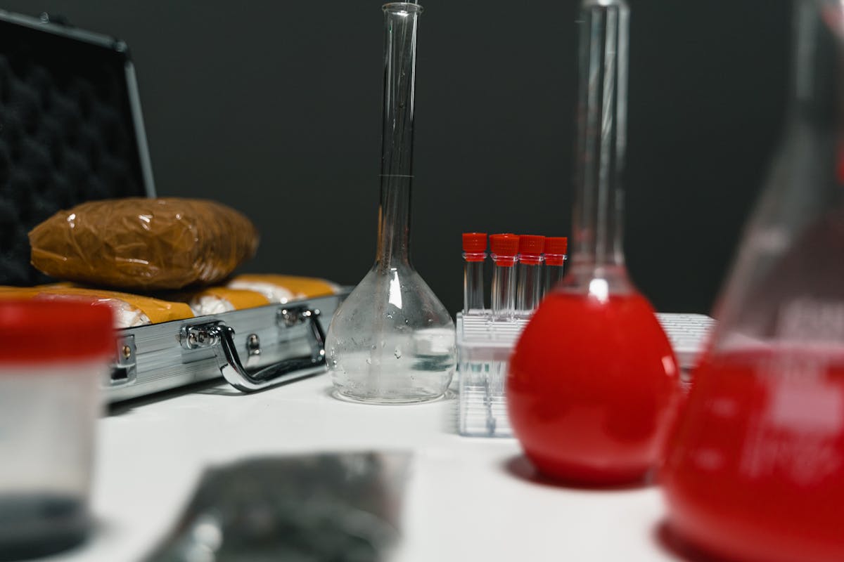 Laboratory glassware and samples in a science lab environment